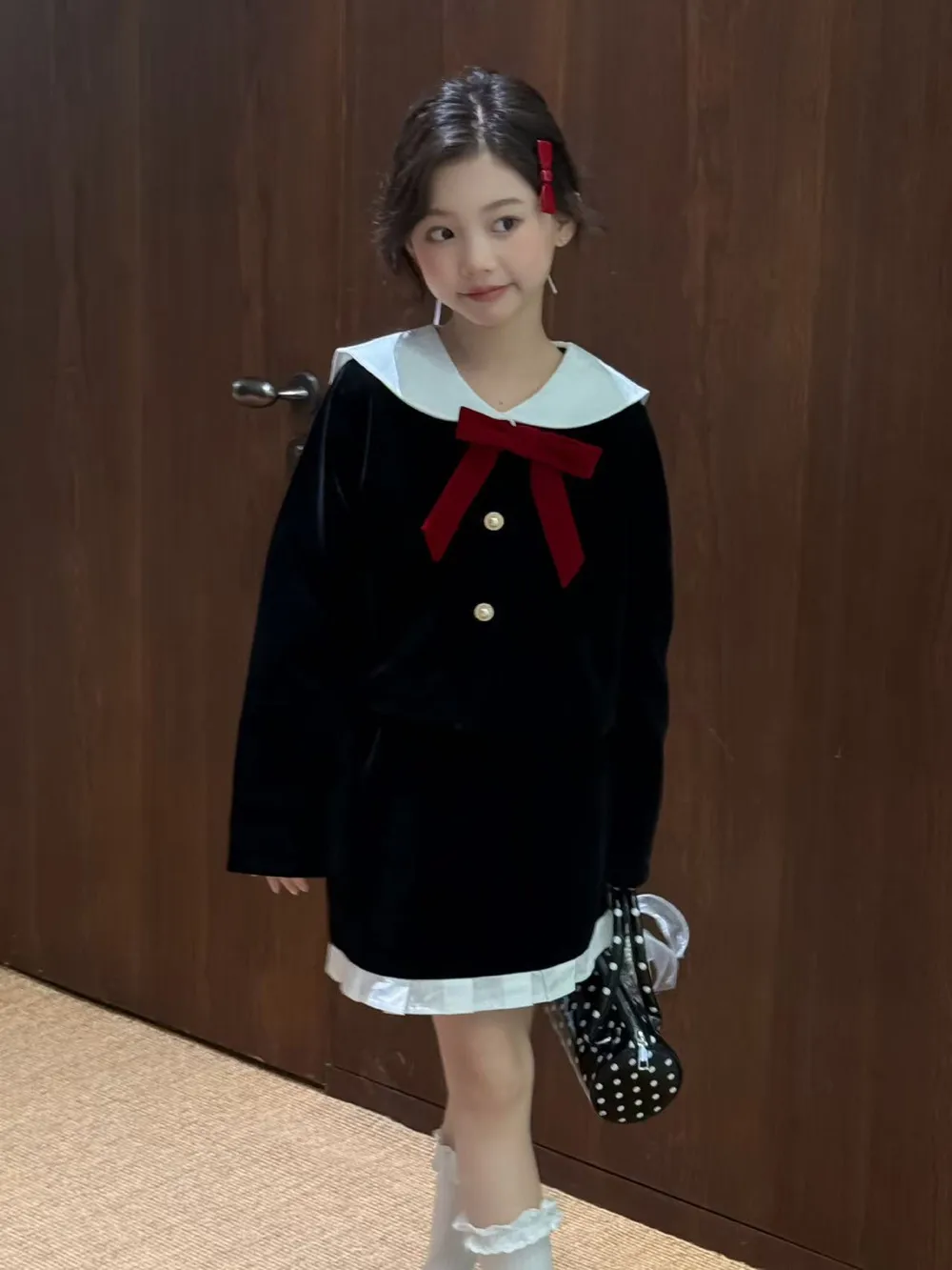 بدلة الأطفال الخريف الفتيات البحرية الرياح المخملية سترة بأكمام طويلة الدانتيل ألف خط تنورة دعوى الأوسط الكبير الأطفال قطعتين مجموعة