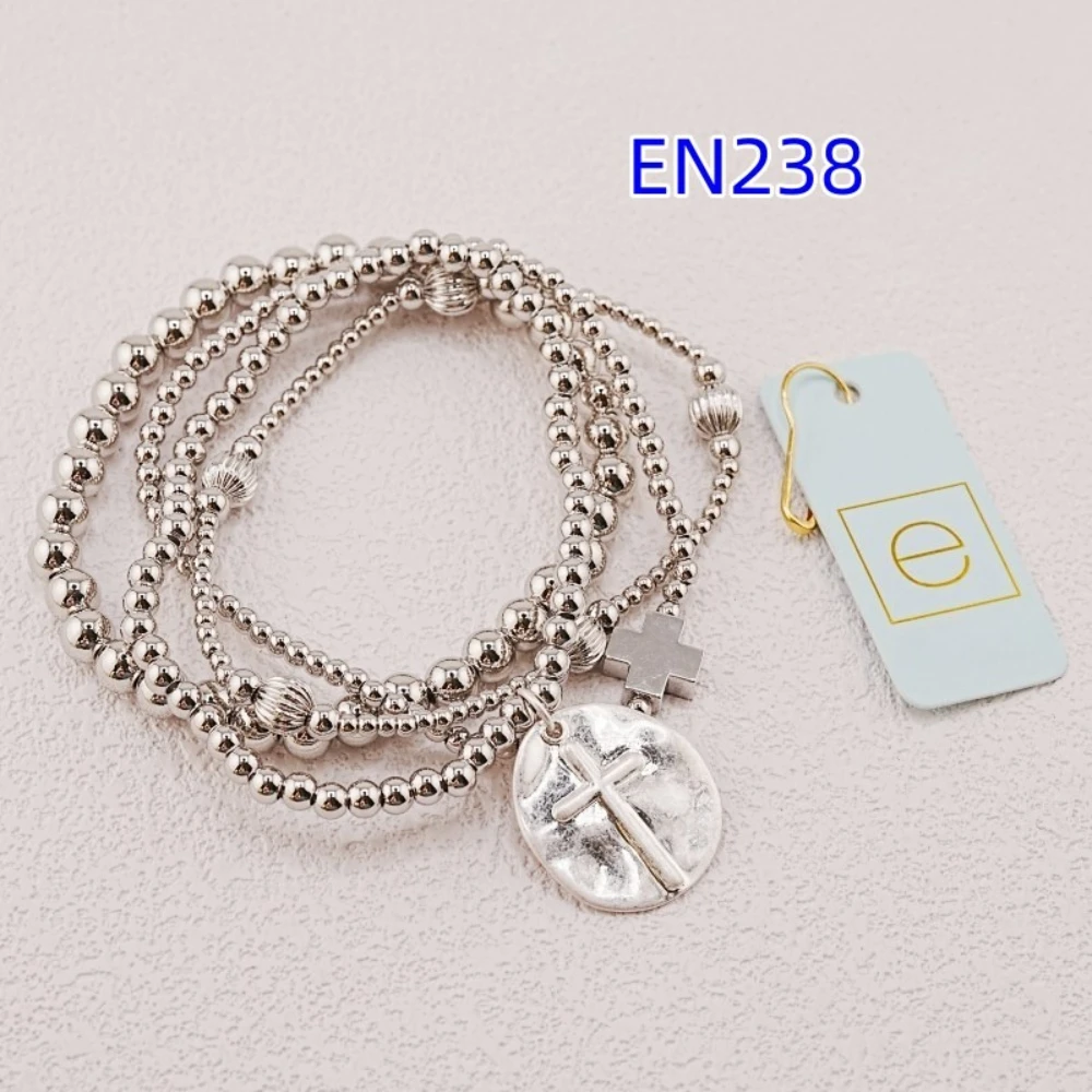 YEEVAA Cross Silver Inspire Charm Everyday Beads Stack of 4 Bracelets, Fashion Jewelry Gift for Women Daily Layering