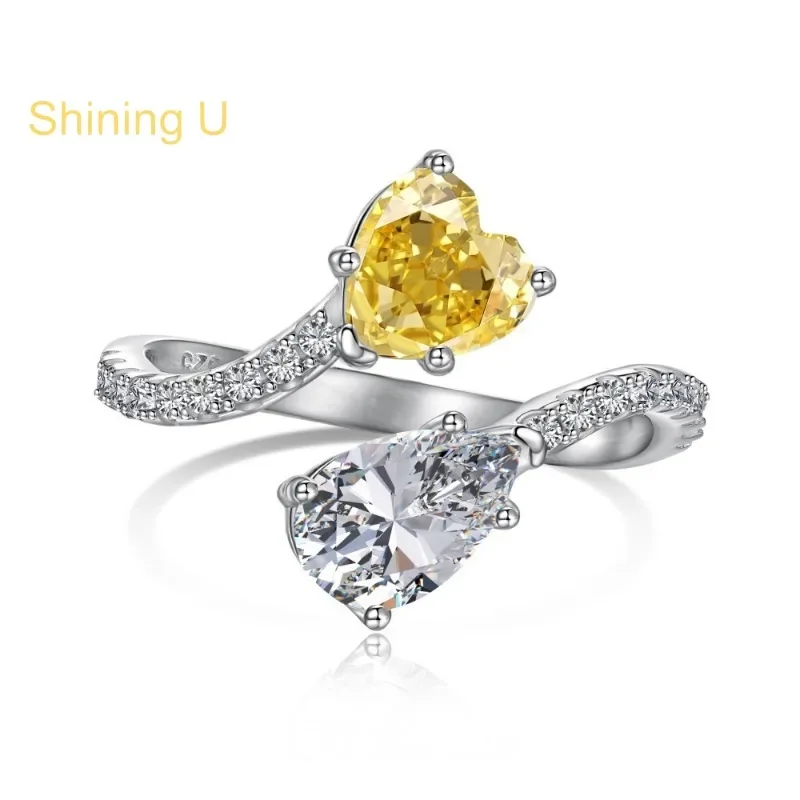

Shining U S925 Серебро Розовый Желтый 8А Высокоуглеродистый Деймонд Сердце Груша Открытое Кольцо для Женщин Изящные Ювелирные Изделия Юбилей