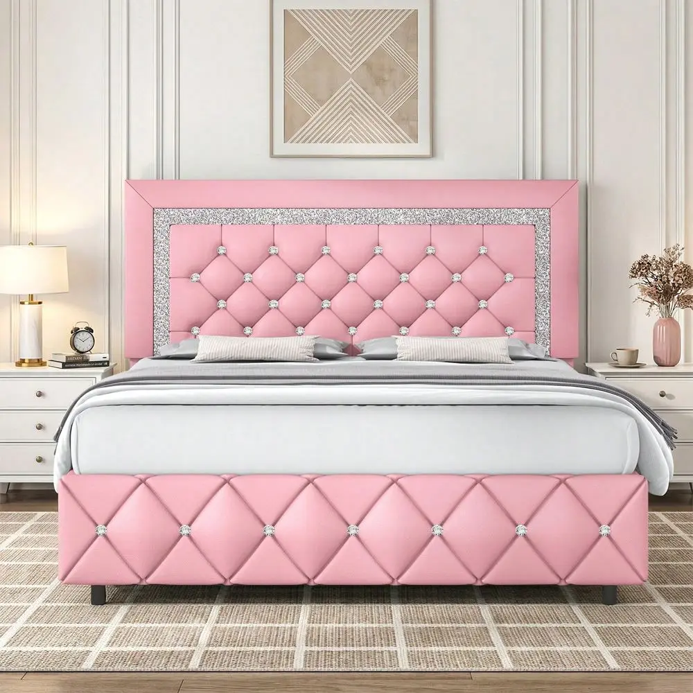 Full Queen King Size Bed Frame, Upholstered Bed Frame With Diamond Headboard And Footboard, Pearl White Beige Black Grey Pink Pu