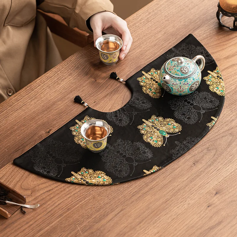 Chinese Retro Fan Tea Mat Black Gold Butterfly Jacquard Double Sided Tea Flag Zen Household Tea Table Decor