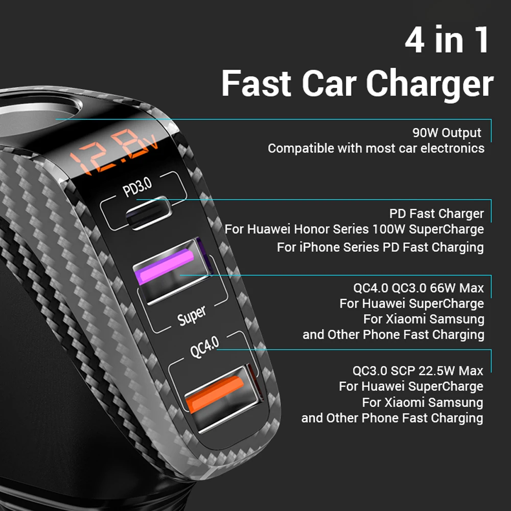 100W USB Car Charger Quick Charge QC3.0 QC4.0 PD3.0 SCP 4 IN 1 Car Super Fast Charging for IPhone 12 13 Xiaomi Huawei Samsung