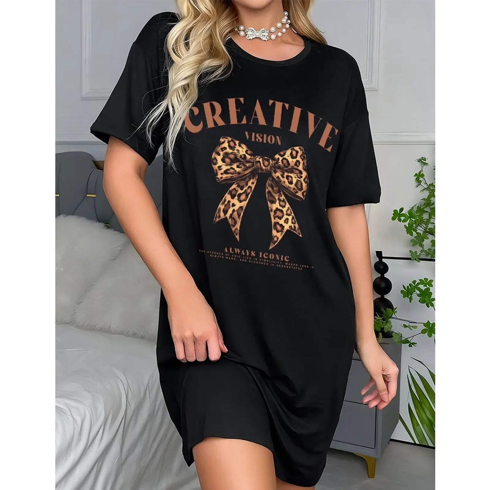 

2025 T Shirts Woman Elegant Sexy Tops Summer Dress Leopard Bow Pattern Casual Girl Oversized Short Sleeve T Shirt Y2k Clothes