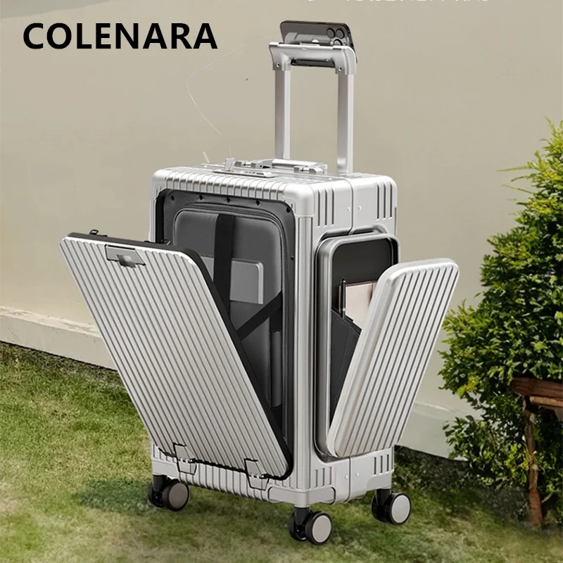 COLENARA USB Charging Suitcase Front Opening Boarding Box Aluminum Frame Trolley Case 20