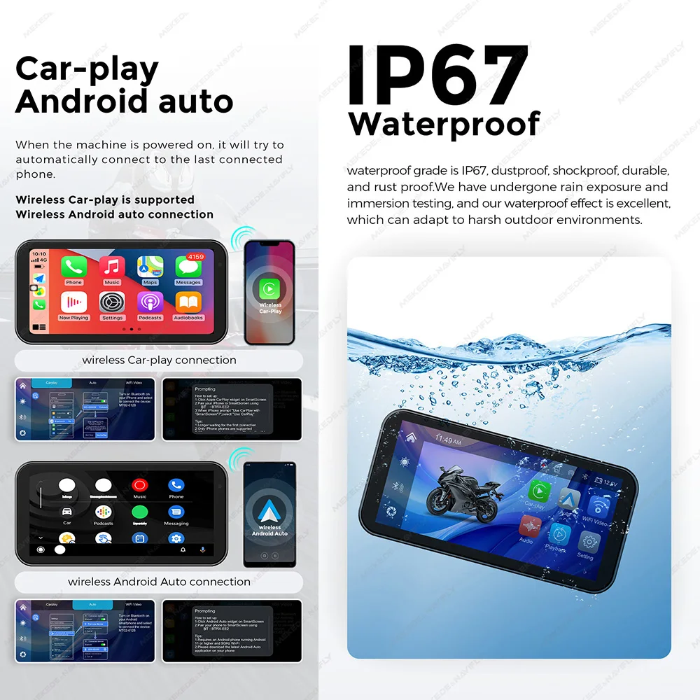 6.25 Inch Portable Motorcycle IP67 Waterproof Wireless for Apple CarPlay Android Auto Mote Smart Display GPS Navigation Dual BT