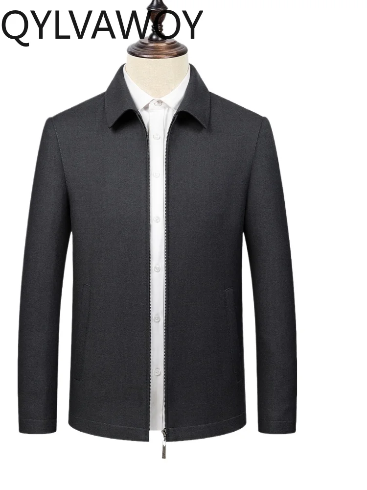 

QYLVAWOY Middle-aged Men's Coat Dad Wear Spring and Autumn Lapel Collar Middle-aged and Elderly New Casual Loose Jacket LJ2526