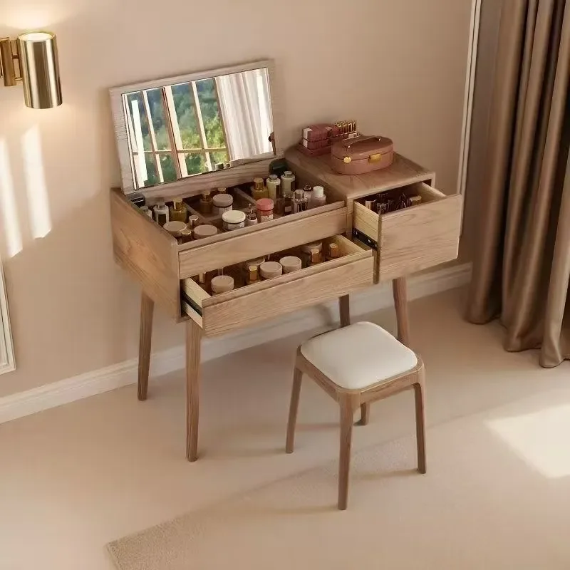 Solid Oak Convertible Dresser with LED Mirror and USB Charging Port Silent Clamshell Cosmetic Cabinet for Bedroom Storage New
