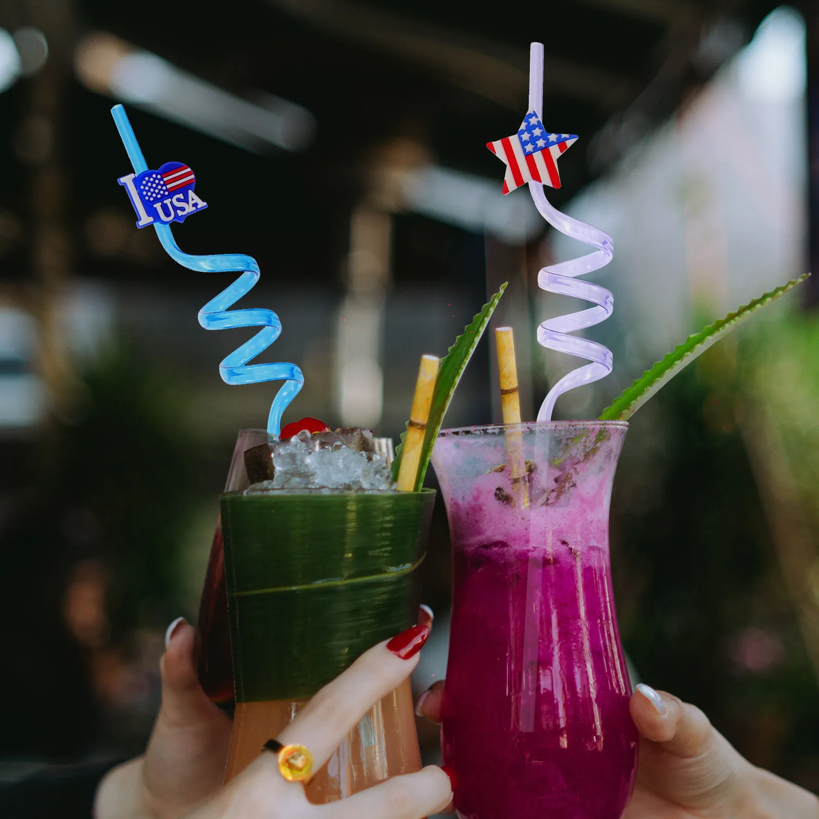

8Pcs Usa Party Straws Flag Printed Curly Drinking Straws Reusable for 4Th of July Memorial Day Veterans Day Events
