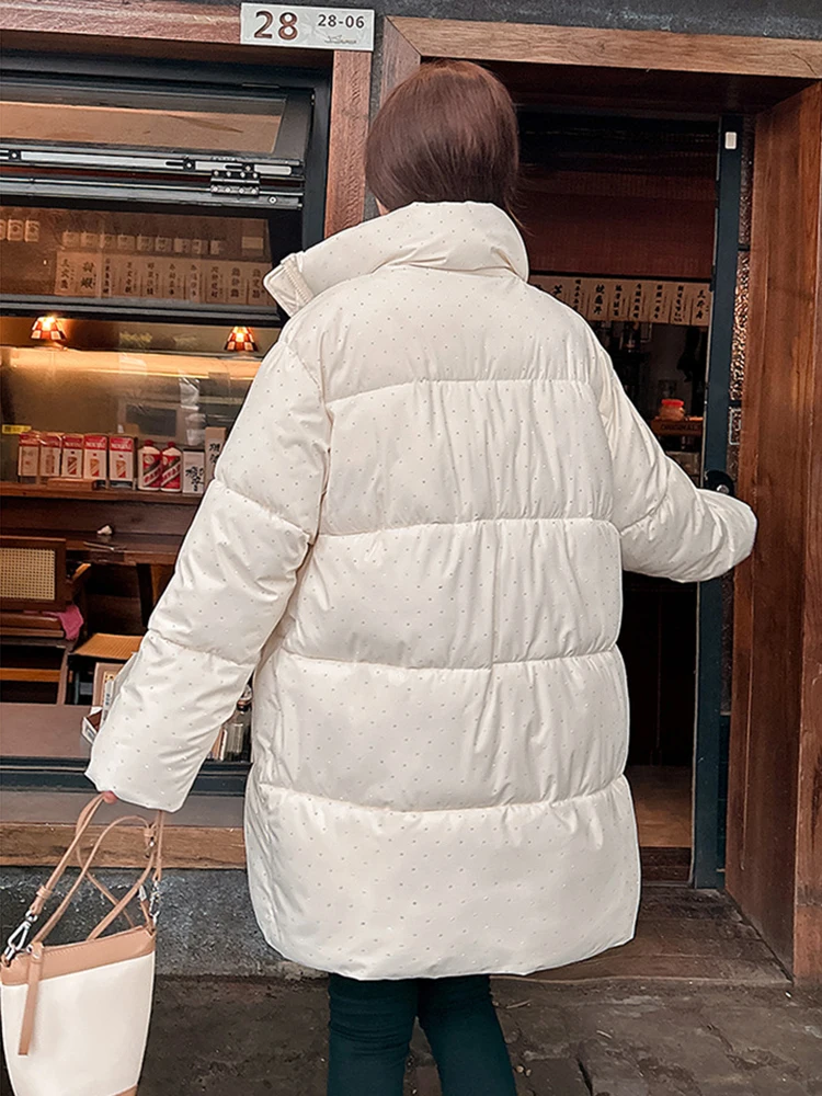 Winter New Starry Hot Rhinestone Women Hooded Warm Parkas Fashion Ladies Long Down Coats Cotton Jackets Female Outwear