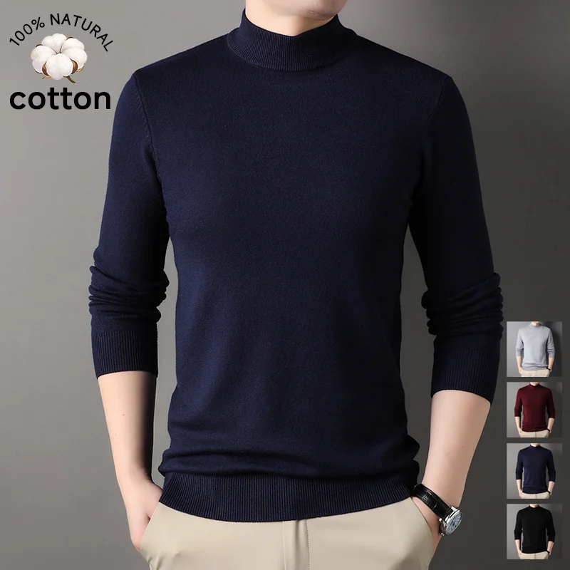 Autumn Winter 100%Cotton Men's Half Turtleneck Cotton Knit Sweater Solid Color Slim Fit Pullover Long Sleeve Base Layer Top Warm