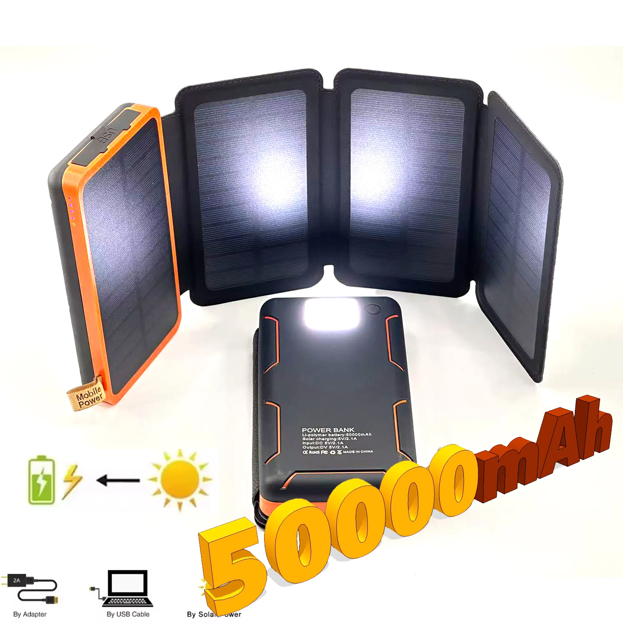 🌞50000mAH Solar Power Bank🔋 Folding Solar Panels 5V 2A USB Output Portable Outdoor Camping Sun Power For IPhone Android