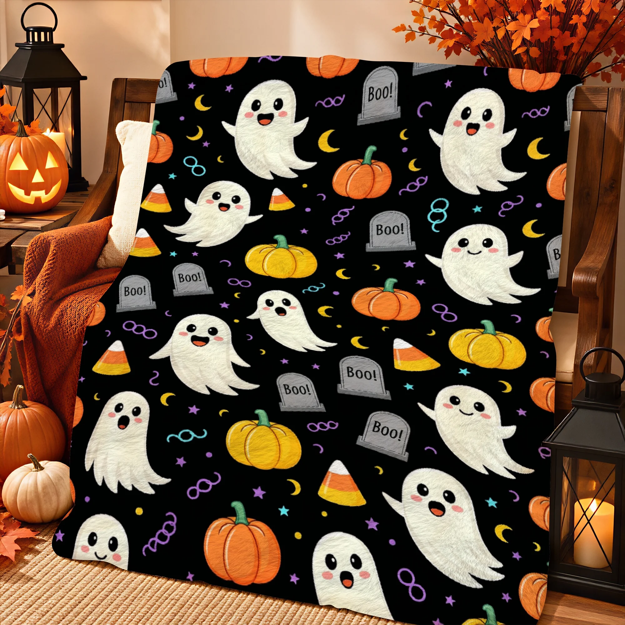 1pc 2D Printed Halloween Throw Blanket White Ghosts Orange Pumpkins Candy Corn Boo Tombstones Black Background Warm Soft Comfort