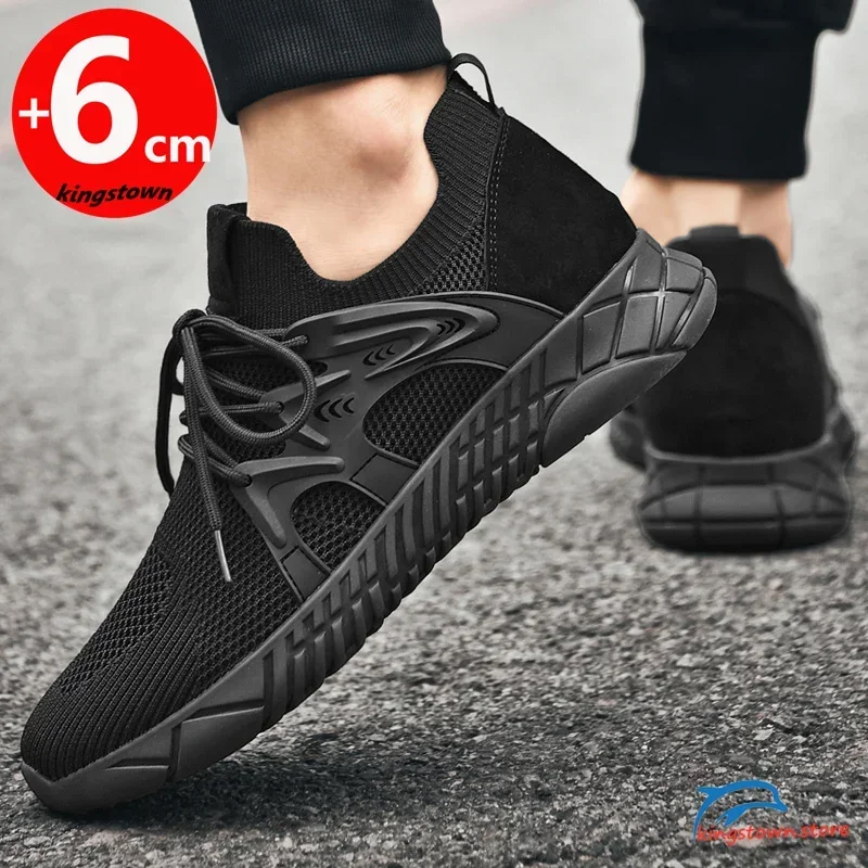 Sepatu lift olahraga pria, sneaker jala penambah tinggi sol dalam 6cm bernafas