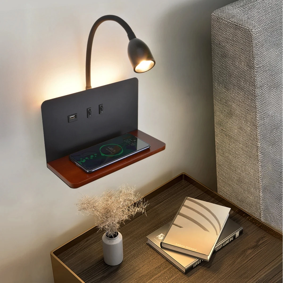 LED 나무 무선 충전 벽 램프, USB 소켓, 스위치가 있는 회전식 램프 헤드, 실내 침대 옆, 거실, 공부 조명