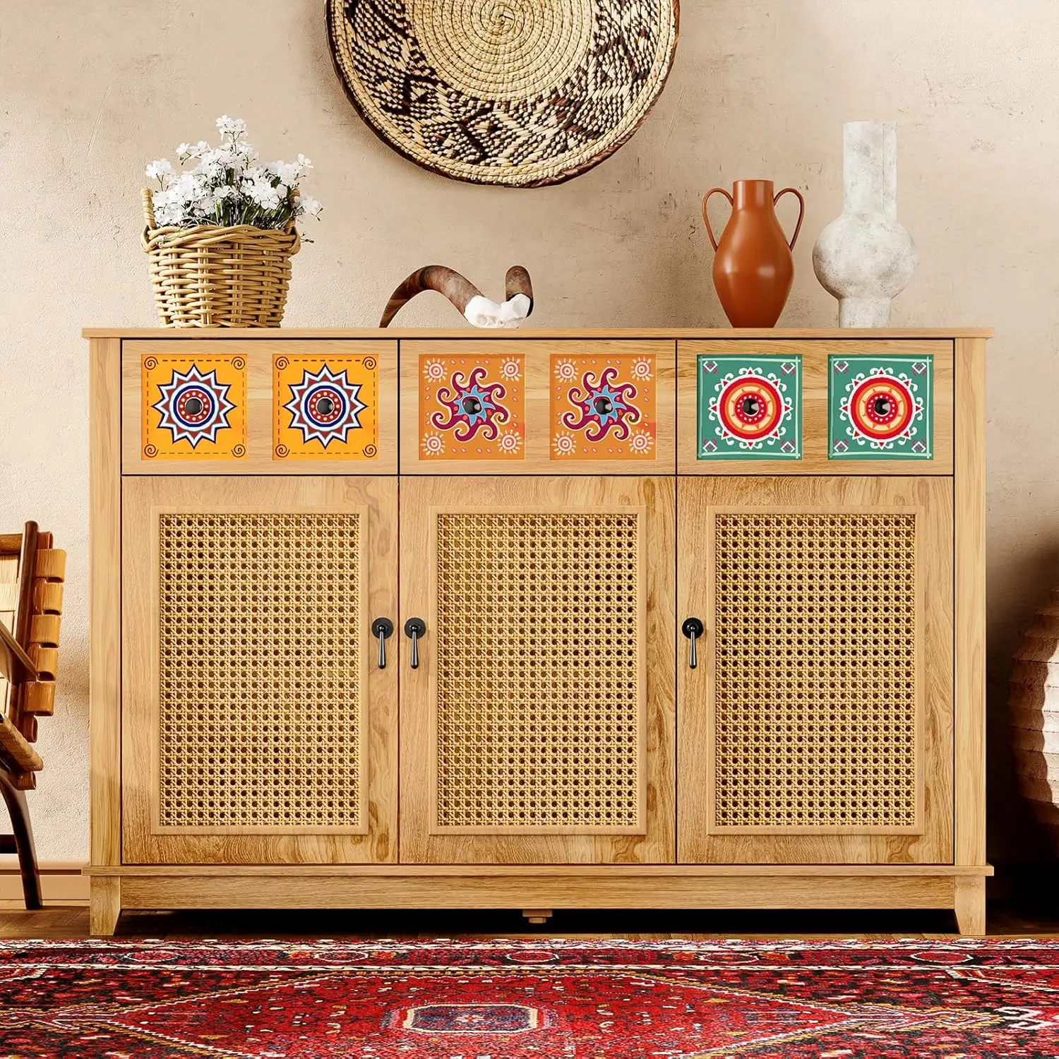Sideboard Buffet Rattan Cabinet With Storage, Boho Accent Credenza Storage Cabinet With 3 Decorated Doors And 3 Drawers,