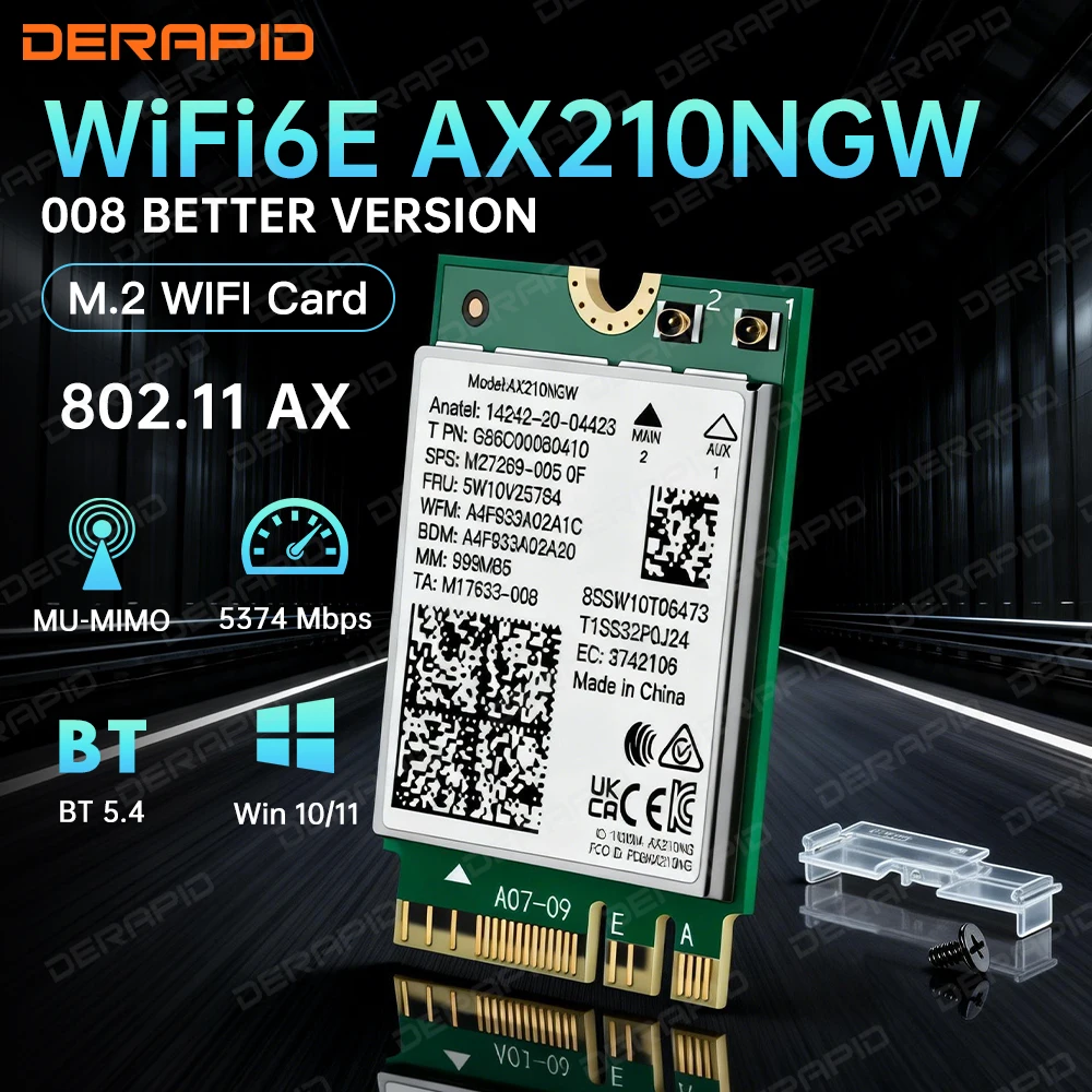 

Трехдиапазонный Wi-Fi6E AX210NGW 5400 Мбит/с Bluetooth 5.4 802.11AX Беспроводная Wi-Fi 6E карта AX210 для Intel AX210NGW M.2 NGFF Wi-Fi (Win10/11)
