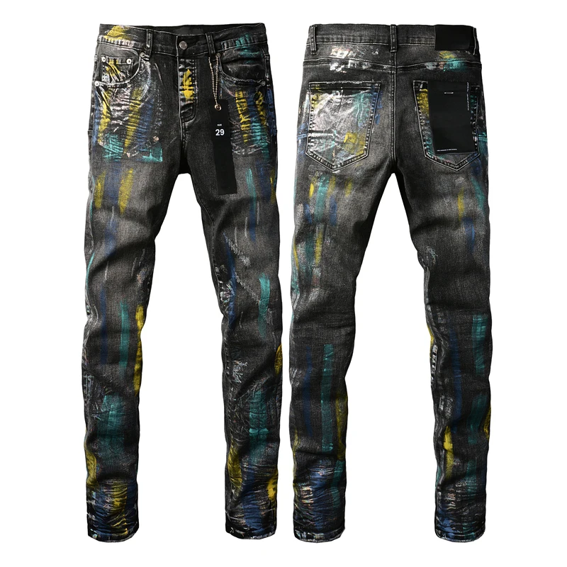 

Euro-american DESIGNERS Main Brand PURPLE Slim-fit Pants Individuality Graffiti Print Microprojectile Appear Thin Purple Jeans