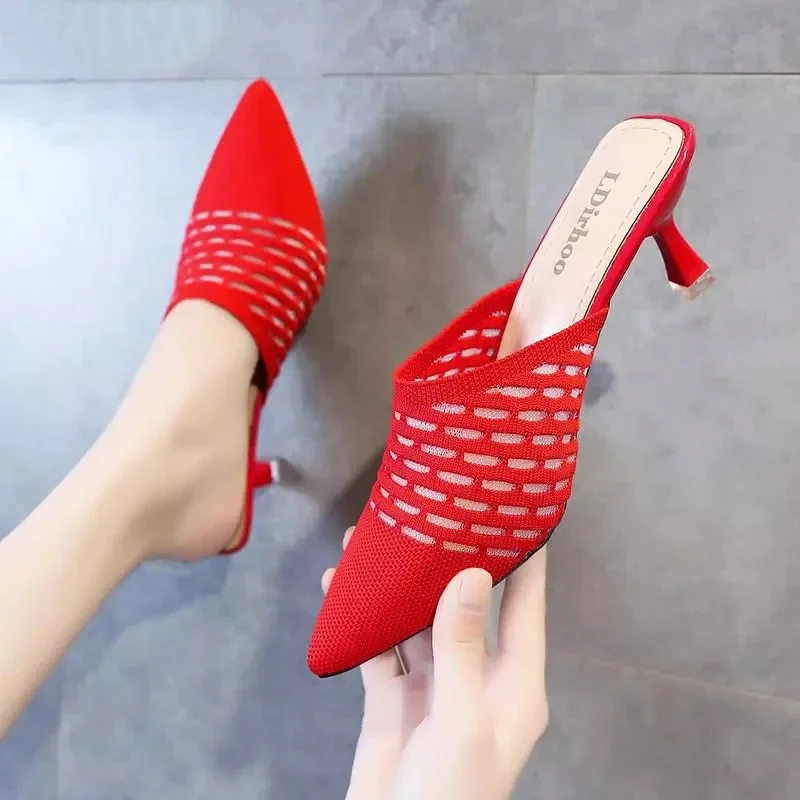 Miaoguan Knit Women Shoes Pointed Woven High Heels Fashion Women Heels Stilettos Mules Loafer Casual Feminine Sandalias Shoes