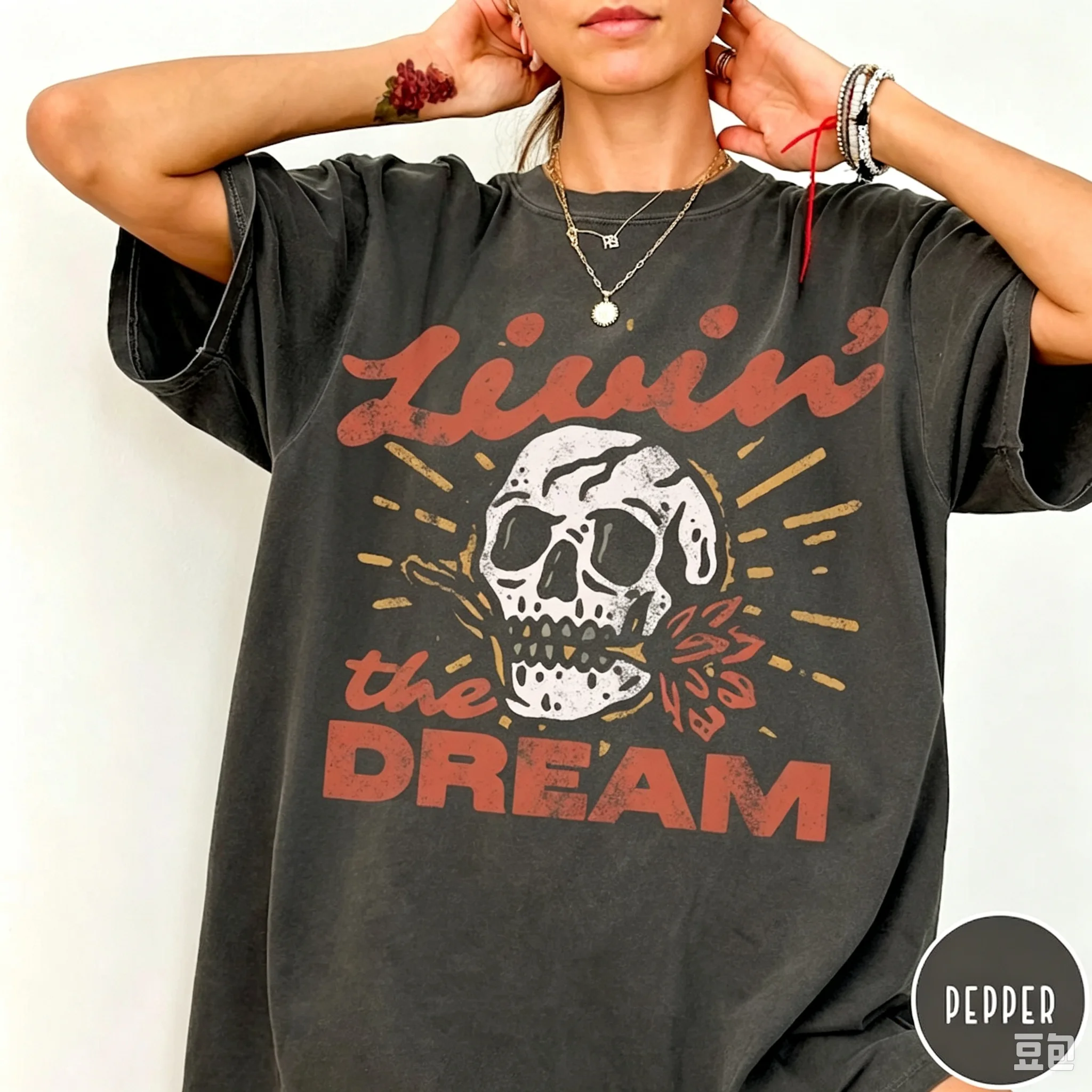 Livin The Dream Skull Graphic T Shirt Vintage Skeleton Quote Print Unisex Casual Short Sleeve Retro Oversized Daily Tee Tops