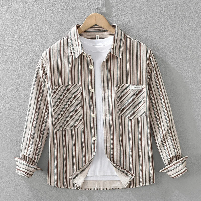 

Japanese Fashion Striped Shirt Men Street 2024 New Men's Shirts Pocket Causal Pure Cotton Button Up Shirt Mens Designer Clothes