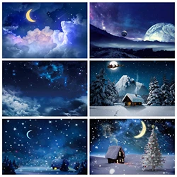 Snow Night Starry Sky Moon Stars Cloud Photography Background Christmas Winter Forest Room Party Decor Child Portrait Photo Prop