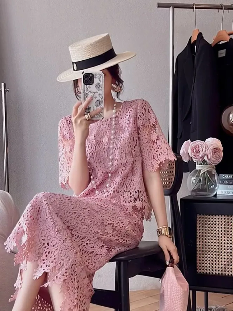 New French Lace Summer Women's Two-piece Elegant High End Fashion Short Sleeve Blouse Top + Slim Skirt Small Fragrant Suit