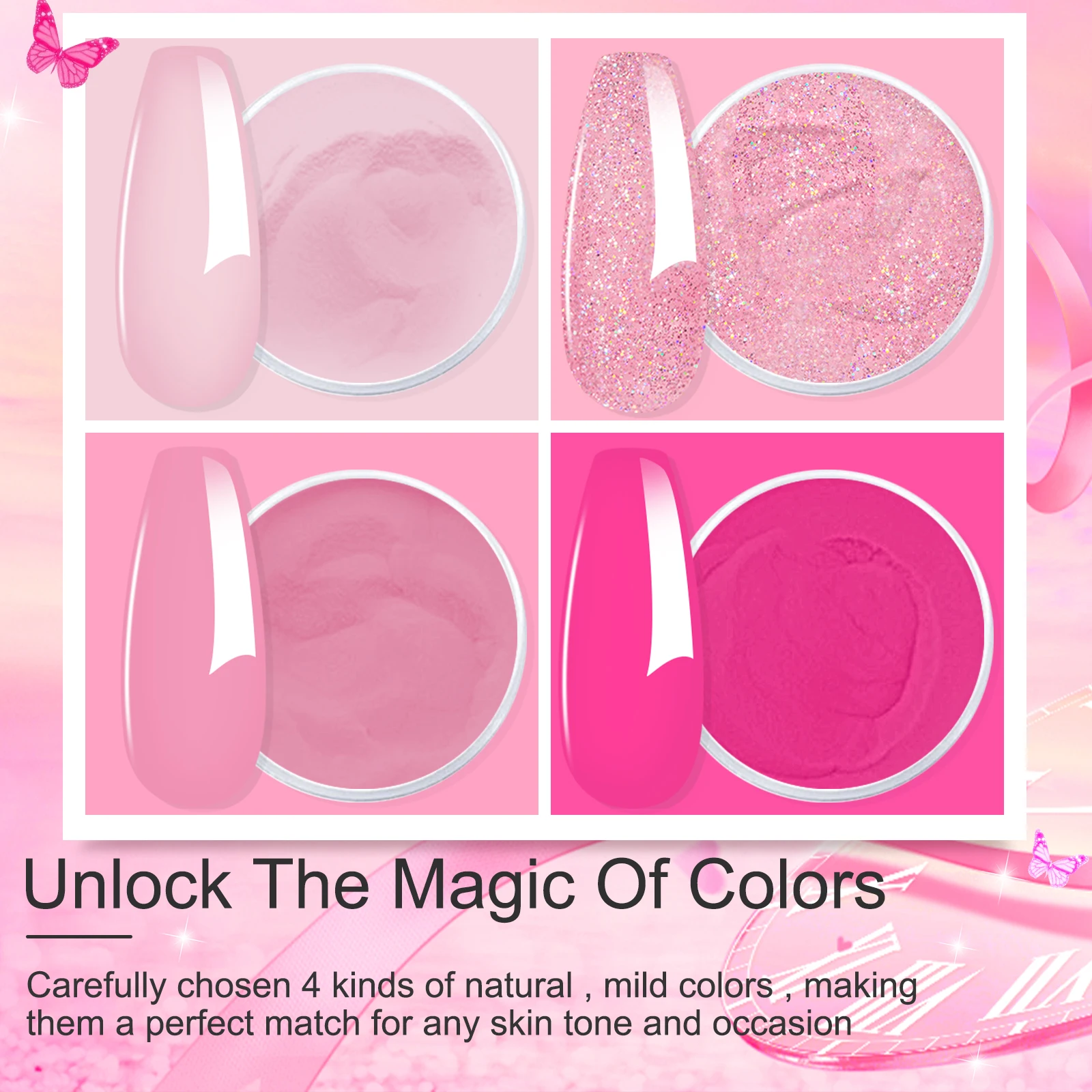 Dip Poeder Nagelkit Starter 4 Kleuren Felroze Glitter Fijn Dip Poeder Set met 3 STUKS Vloeistof voor Nail Art Manicure Salon DIY Cadeau