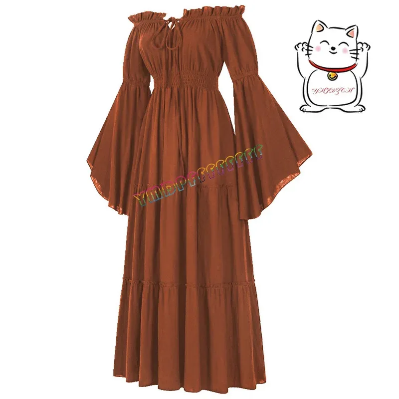 In stock medieval one collar open shoulder lotus leaf edge cosplay long sleeved Renaissance and floor length skirt Ha