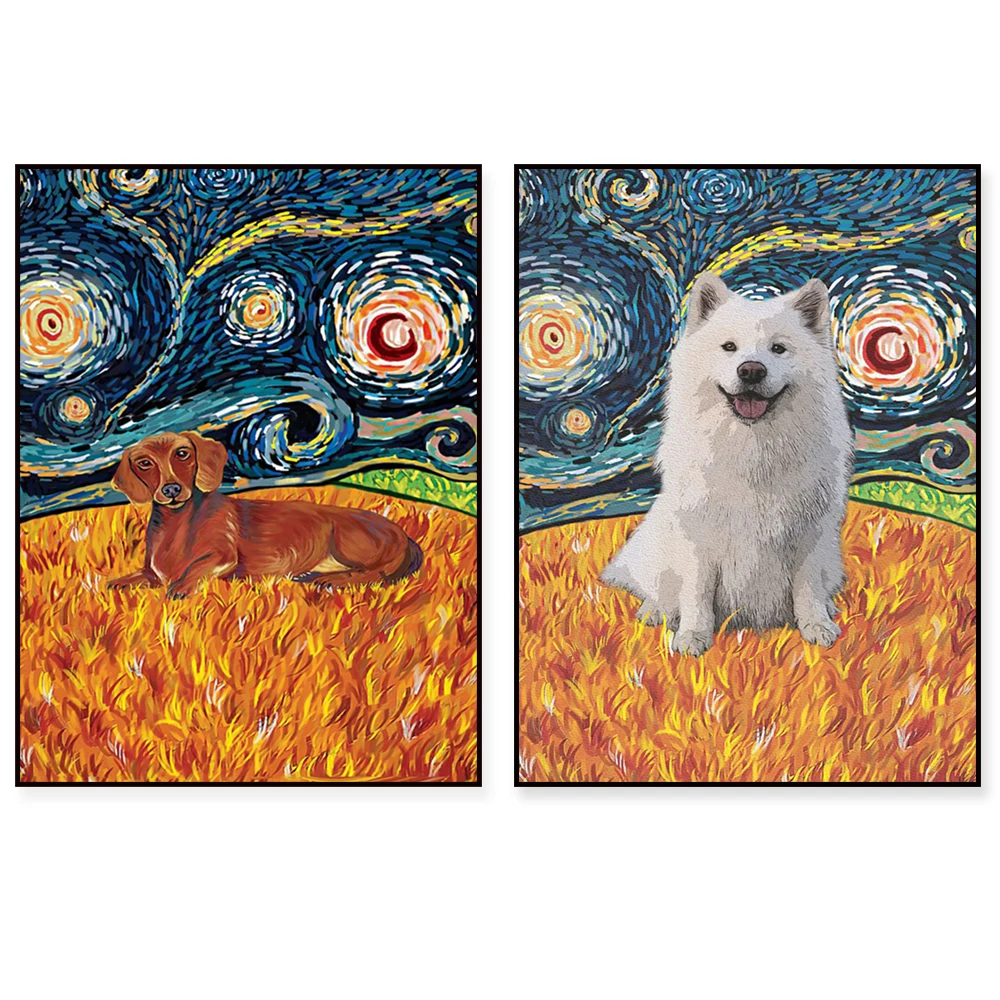 Dachshund, Golden Retriever, Basset Retriever, Australian Shepherd, Chihuahua, Labrador, German Shepherd Van Gogh Animal Poster