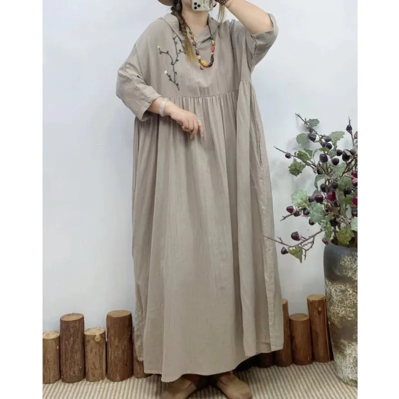 

Johnature Vintage Embroidery Hooded Double Cotton Gauze Dress Summer New Loose Cropped Sleeve Casual Women Dresses