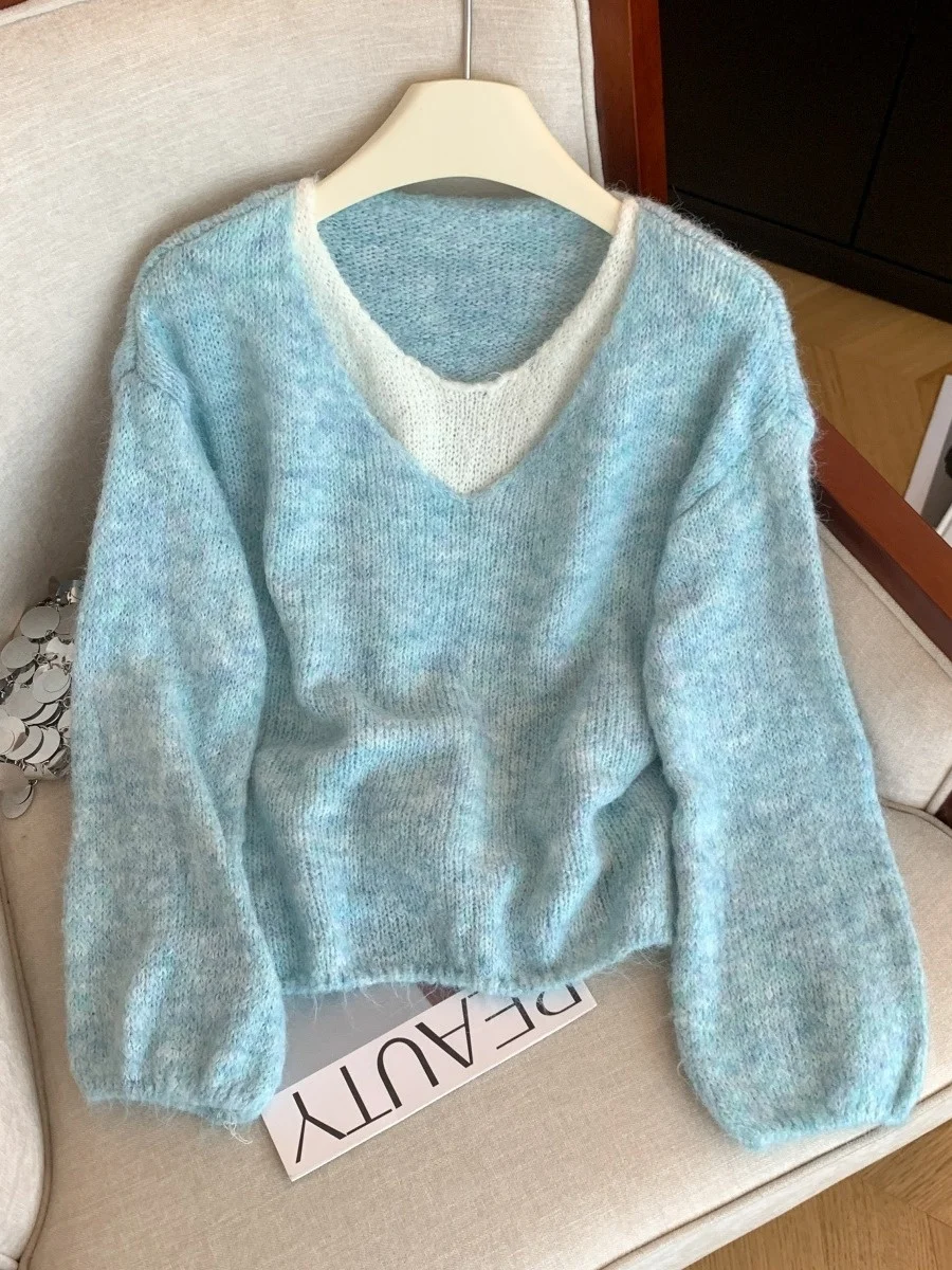 

Светло-голубой свитер Thiened Long Sve, женский осенне-зимний мягкий милый свитер, искусственный двухсекционный вязаный хлопковый свитер V-Ne, стандартный крой