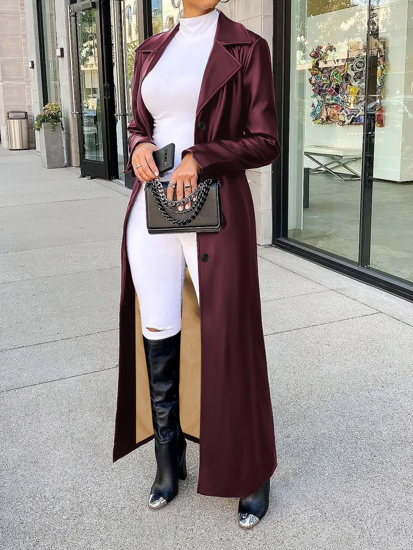 Burgundy Pocket Pu Leather Long Coat For Women Lapel single-breasted Full Sleeve Overcoat Winter Lady High Street Outerwear