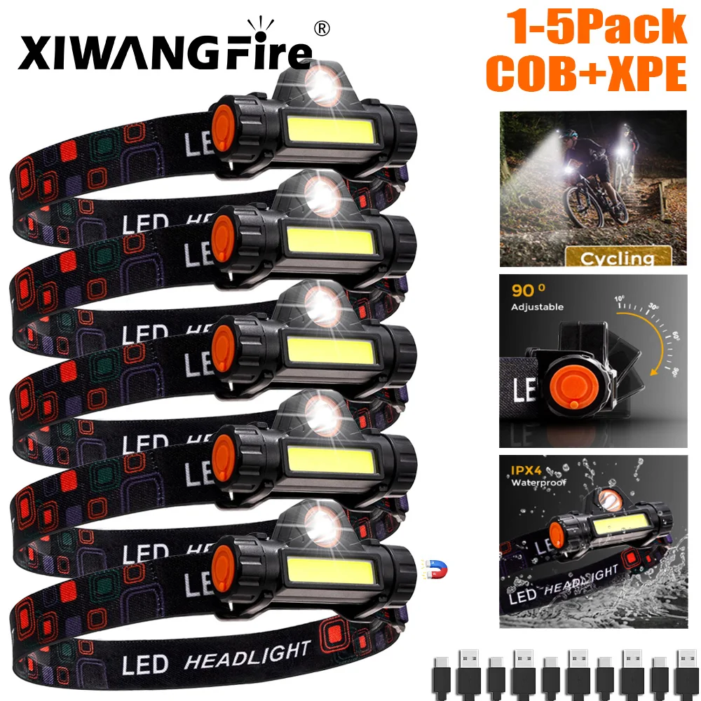 1-5Pack Outdoor Headlights with Long Battery Life and Strong Light LED Night Fishing Charging Head Mounted Magnetic Flashlight