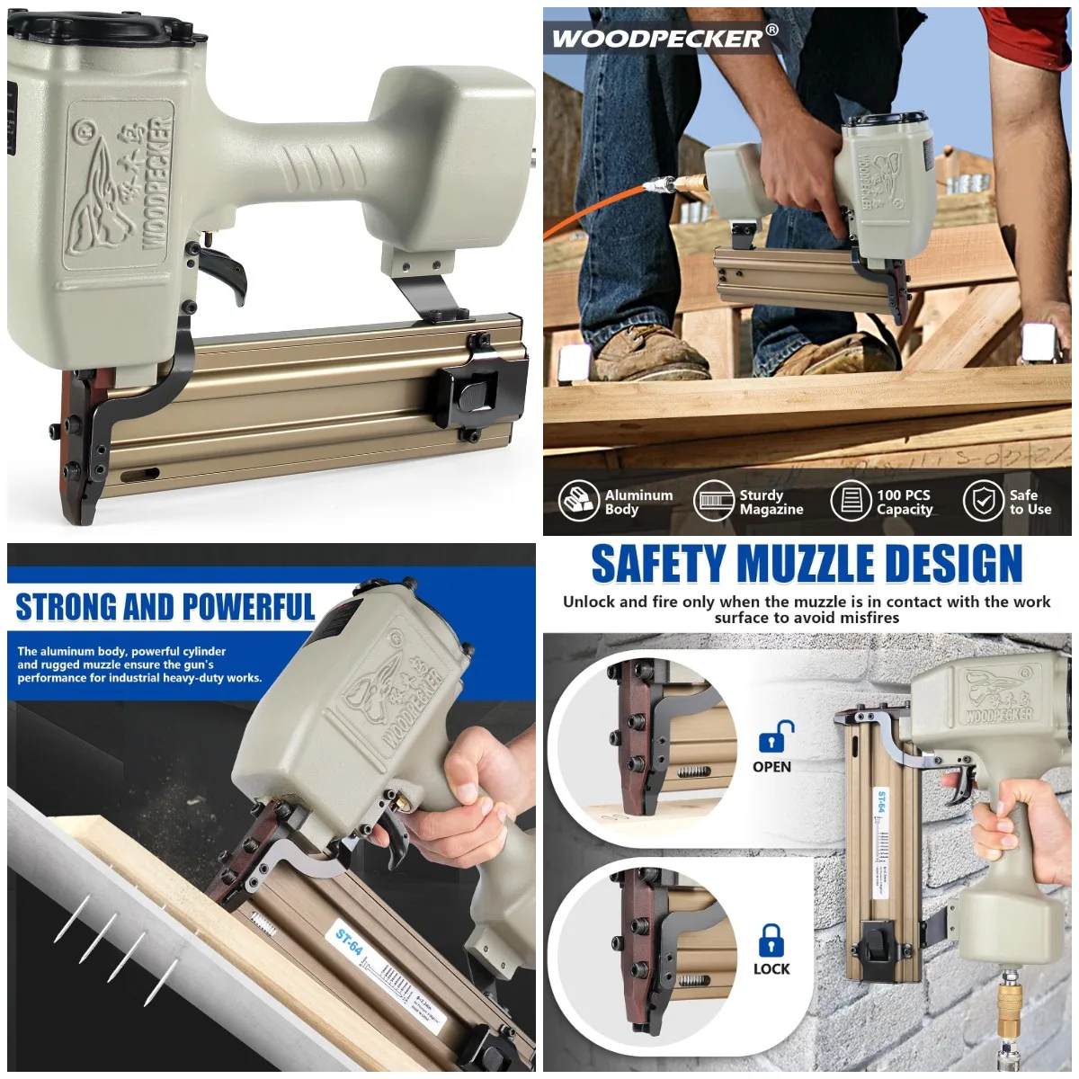 

WOODPECKER ST64 Пневматический пистолет для гвоздей по бетону, калибр 14, от 3/4 до 2-1/2 дюйма, сверхмощный воздушный пистолет для гвоздей для кладки и бетона