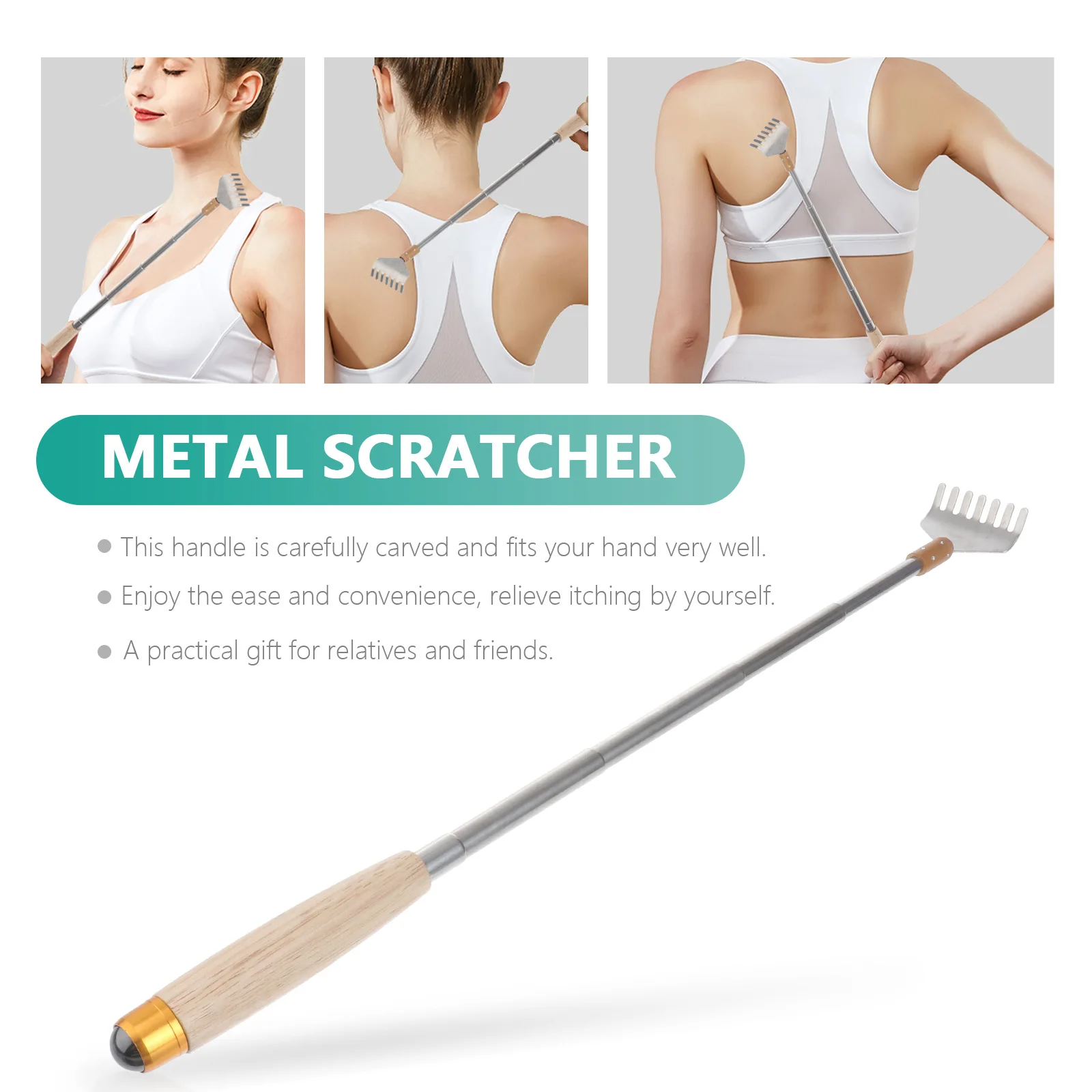 

Телескопический скребок для спины, выдвижной массажер для тела из нержавеющей стали, деревянная ручка, выдвижной инструмент для царапин, скребок для спины