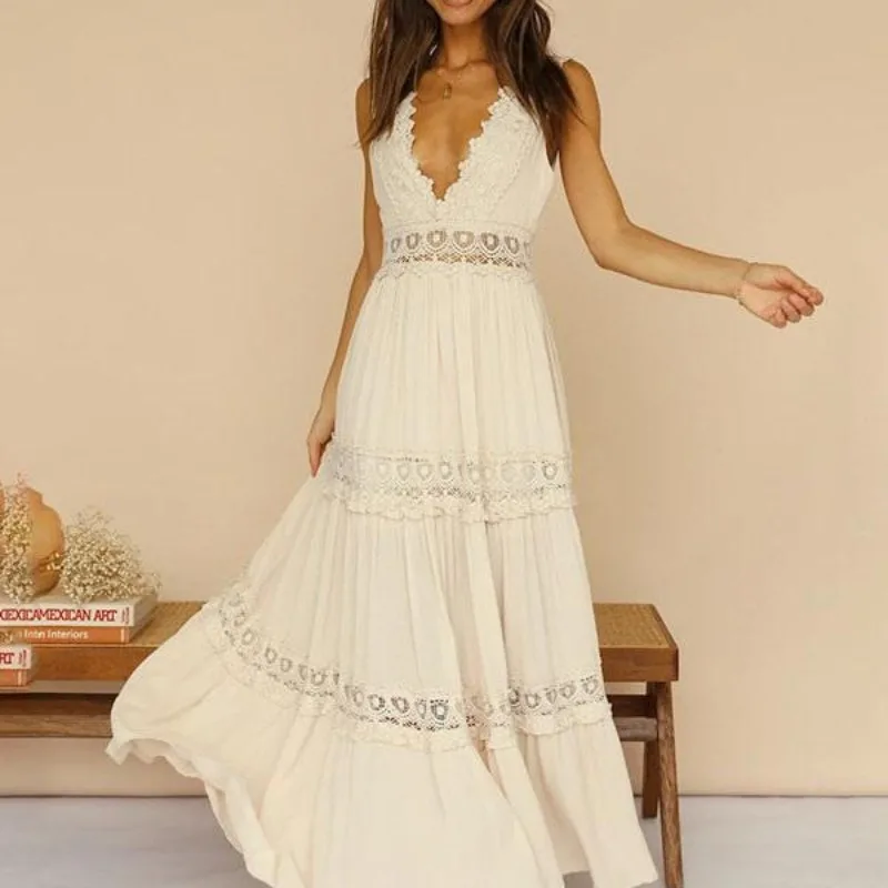 

New Summer Lace Sexy Deep V-neck Dress for Women Fashion Splice Sleeveless Elegant Fairy Dresses Female Clothing