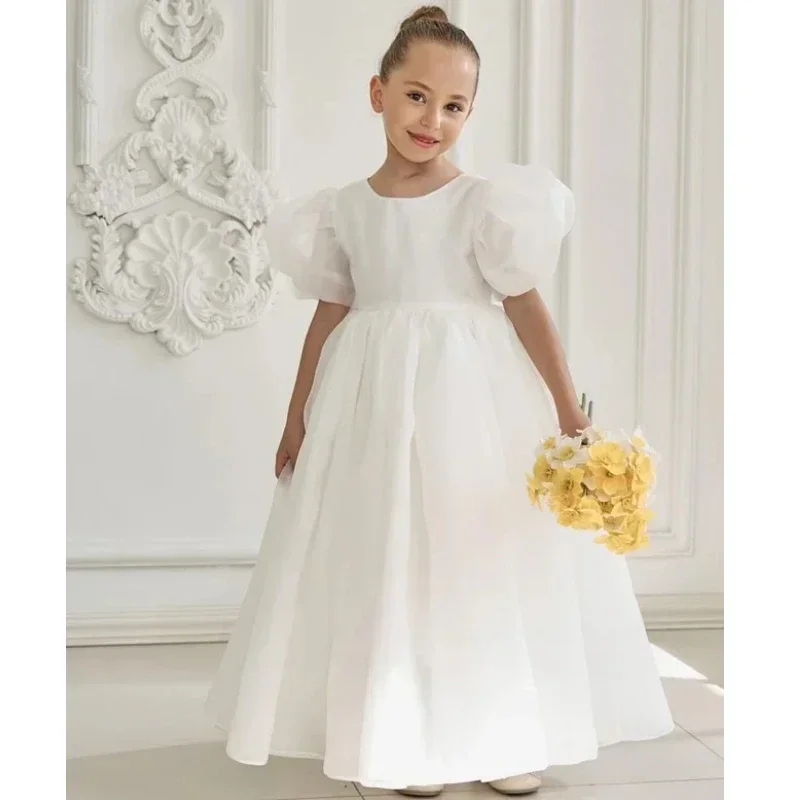 Vestido de princesa personalizado, vestidos de flores para niña, satén blanco, sólido corto, manga para boda, fiesta de cumpleaños, banquete, vestidos de princesa