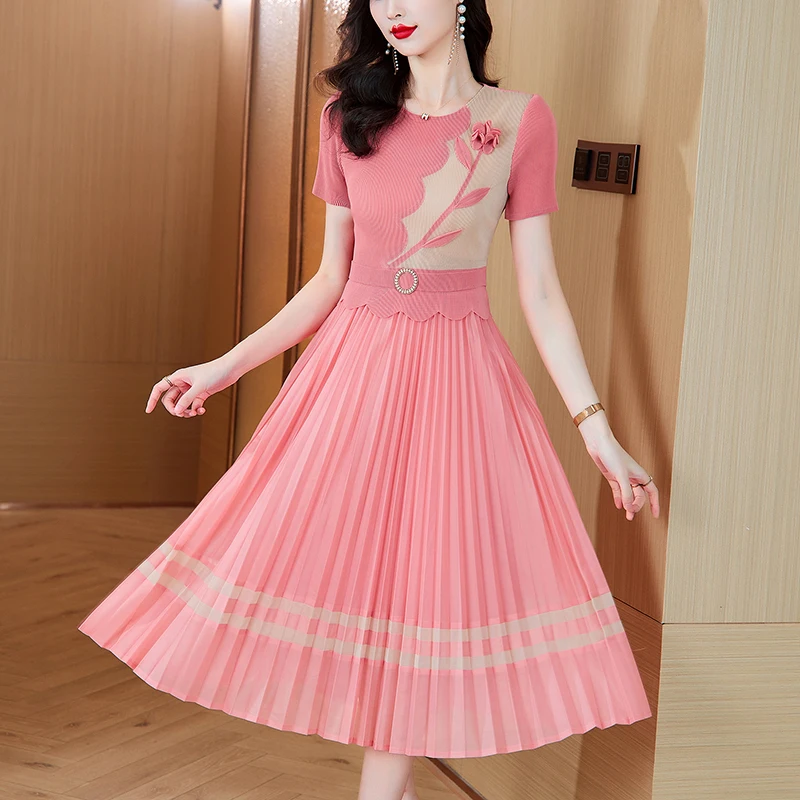 2024 Summer New Silk Printed Folded Dress Women\'s O-neck Short Sleeve Elastic Magic Knee length A-line Long Dress