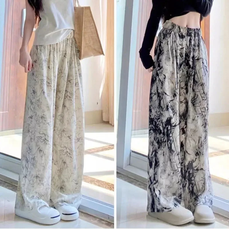 Summer Women Chiffon Ink Wash Wide Leg Pants Lazy Wind Female Thin Ice Shreds Sunscreen Trousers Ladies High Waisted Pantalons