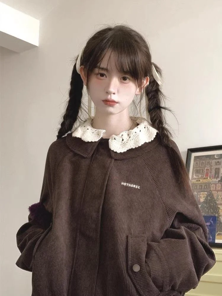 2025 New Autumn Vintage Corduroy Jacket Women Japanese Style Loose Fashion Patchwork Coats Harajuku Student Sweet Streetwear
