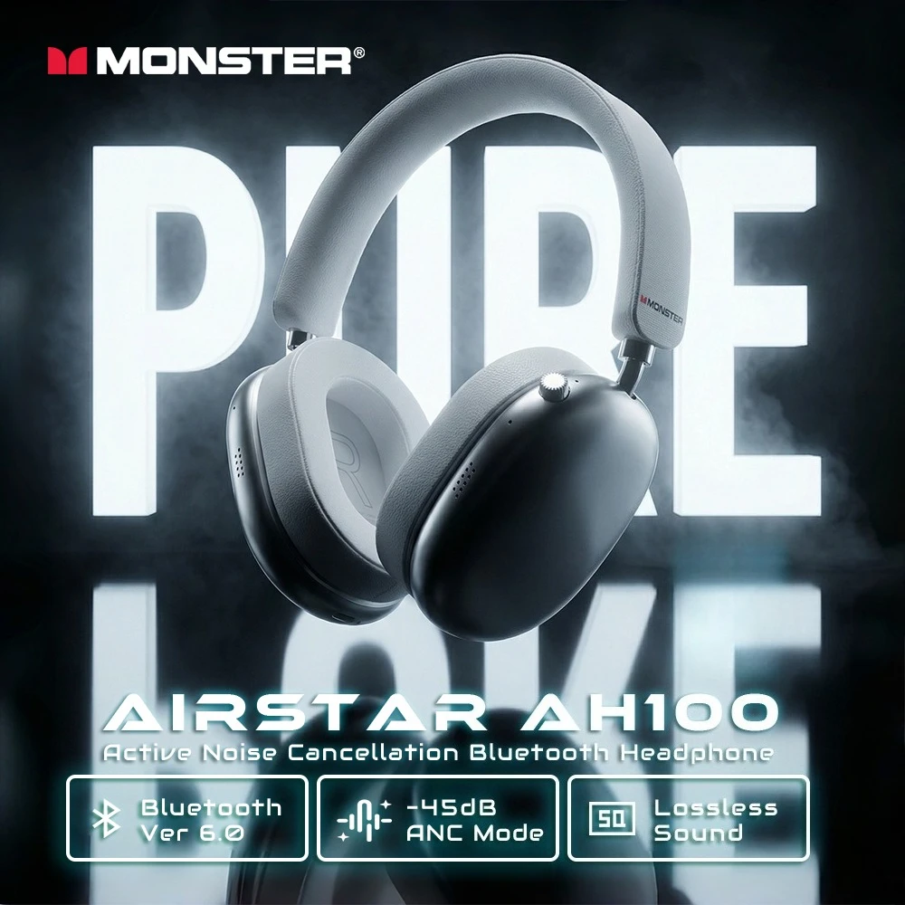 Monster Airstar AH100 ANC Bluetooth 6.0 Over-Ear-Kopfhörer mit aktiver Geräuschunterdrückung -45 dB, kraftvoller Bass, kabelloses/kabelgebundenes Headset