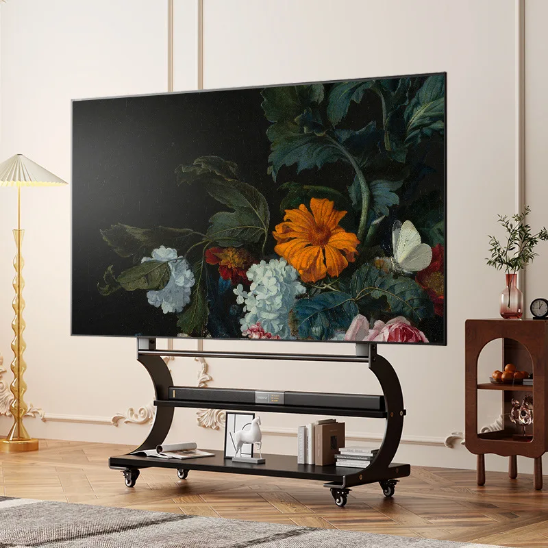 Solid Wood TV Cabinet Living Room with Wheel Art Hanger 75/85/98/100 Inch Universal