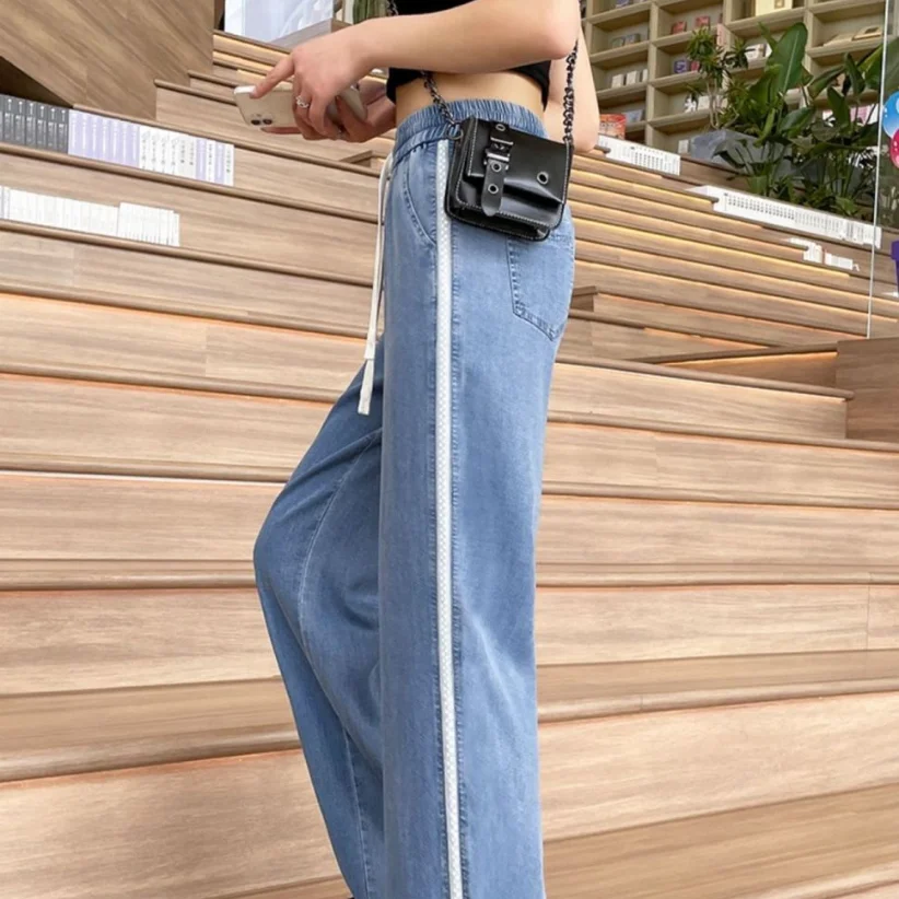 2023 Summer New Tian Si Wide Leg Denim Pants Large Summer Thin Loose Fashion Drawstring Ice Silk Casual Pants