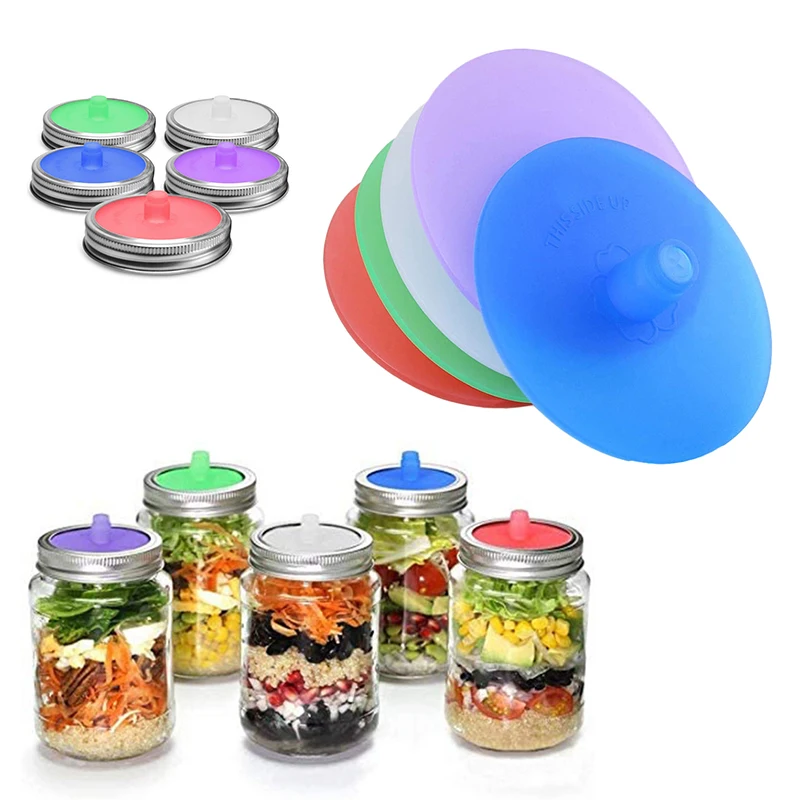 5PCS Silicone Waterless Fermenting Airlock Lids Covers Stainless Steel Band for Wide Mouth Mason Jar Sealed Lid Kitchen Supplies