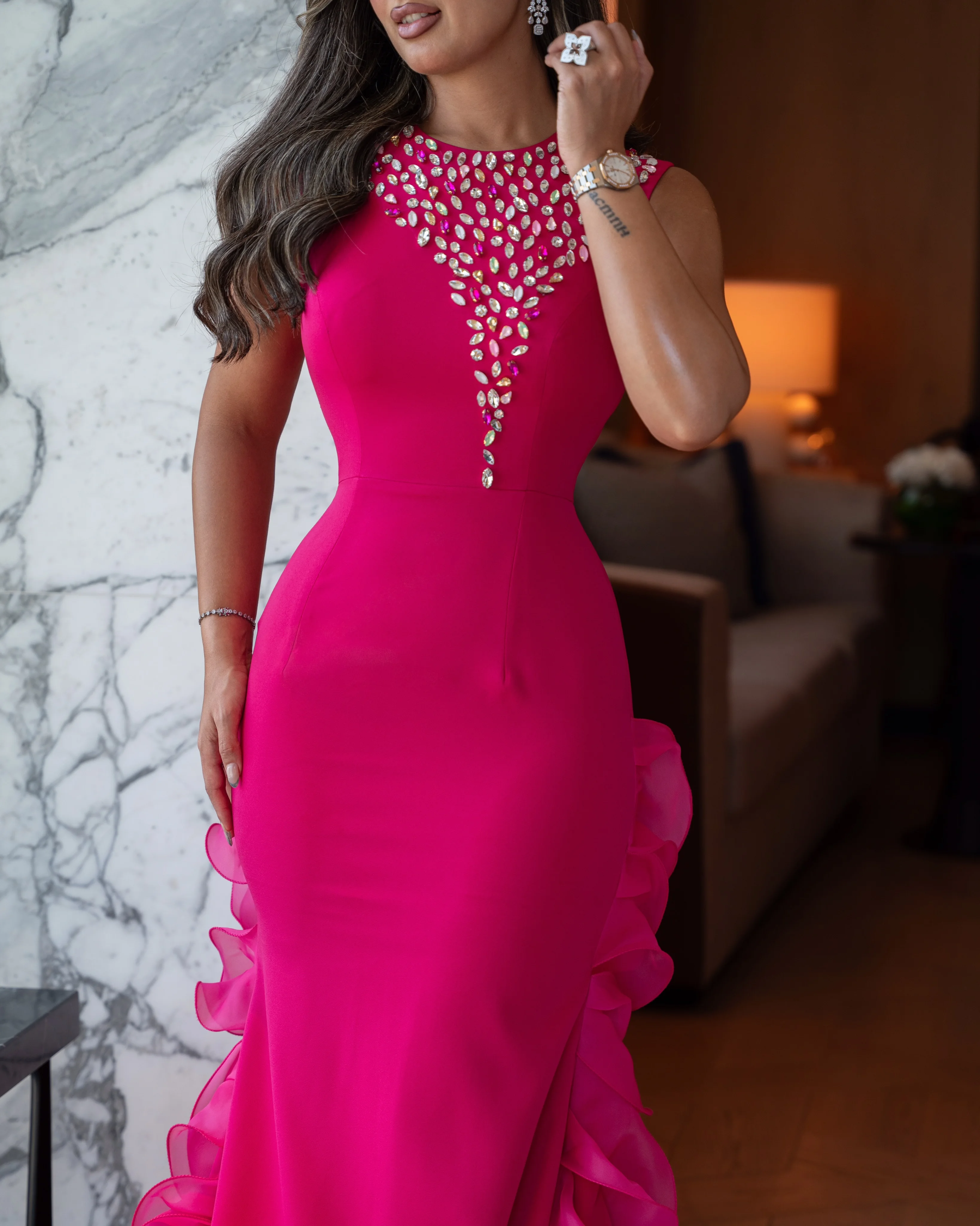 Arabia Classic Mermaid Evening Dresses Chest with Rhinestones Chapel Train with Ruffles Flowers Sparkly Celebrity Prom Gowns