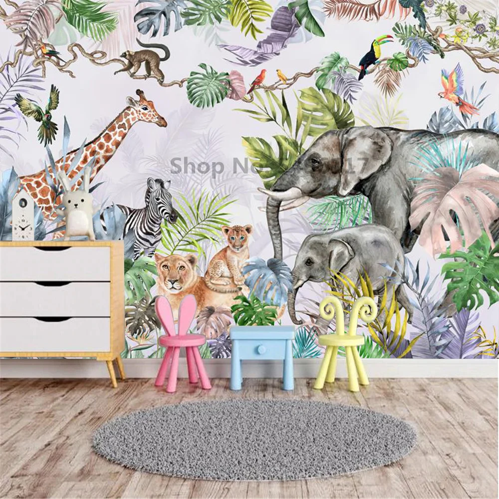 

3D Jungle Wallpaper Tropical Leaves Elephant Giraffe Wall Mural Kids Room Decoration Cartoon Animal Stickers Custom Home Decor