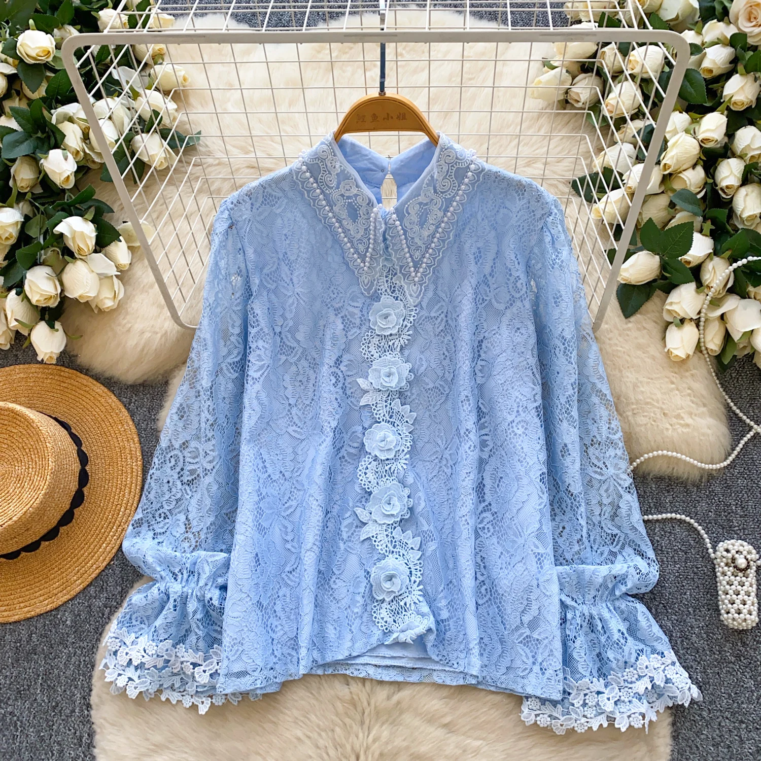 

Chic Peter pan Collar Beading Elegant Fashion Sexy Shirt High Street Women Blouse office lady women clothing