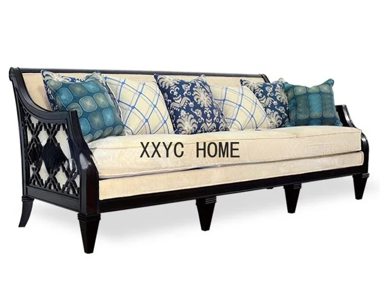 

American-Style Solid Wood Sand Hollow Carved Sofa Combination Cafe Leisure Soft Bag Sofa