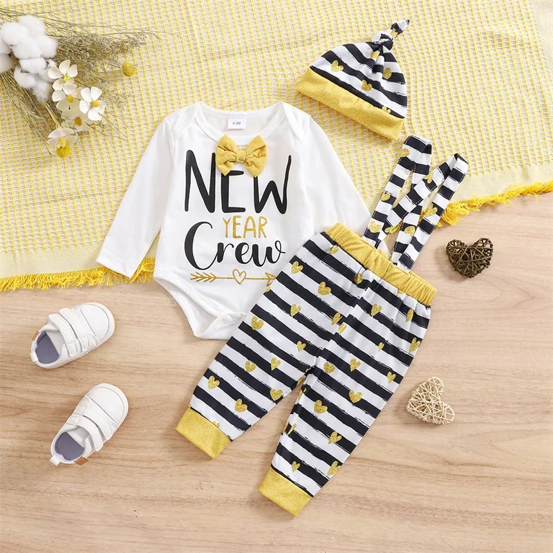 

Infant Boys New Year Attire with Letter Print Rompers Striped Heart Print Suspender Pants and Matching Hat - 3-Piece Set for