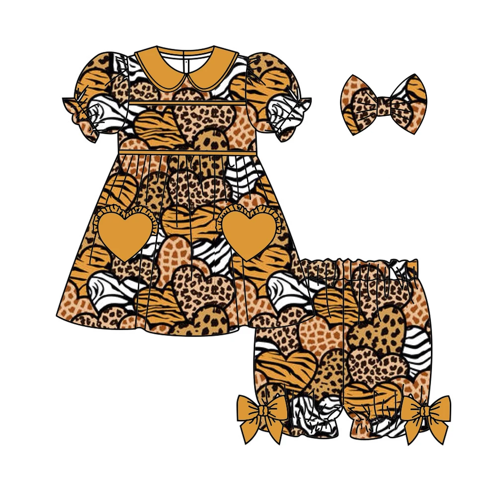 Boutique children's girl's Boy's pajamas set Collared short-sleeved shorts leopard print heart Printing series custom
